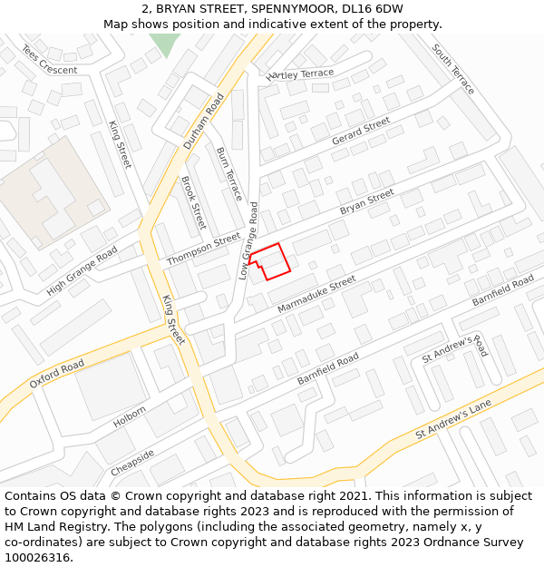 2, BRYAN STREET, SPENNYMOOR, DL16 6DW: Location map and indicative extent of plot