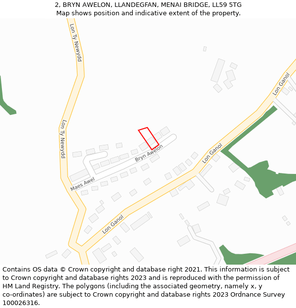 2, BRYN AWELON, LLANDEGFAN, MENAI BRIDGE, LL59 5TG: Location map and indicative extent of plot