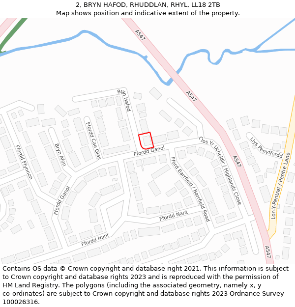 2, BRYN HAFOD, RHUDDLAN, RHYL, LL18 2TB: Location map and indicative extent of plot