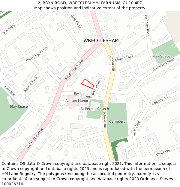 2, BRYN ROAD, WRECCLESHAM, FARNHAM, GU10 4PZ: Location map and indicative extent of plot