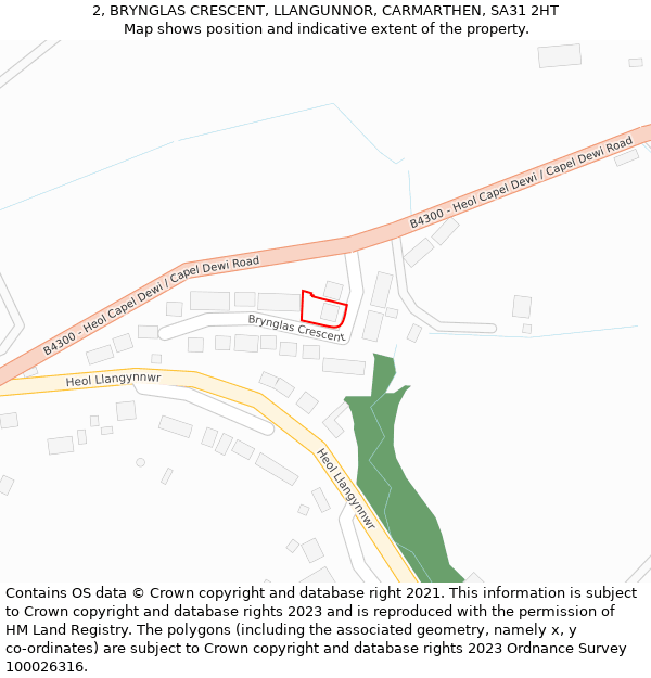 2, BRYNGLAS CRESCENT, LLANGUNNOR, CARMARTHEN, SA31 2HT: Location map and indicative extent of plot