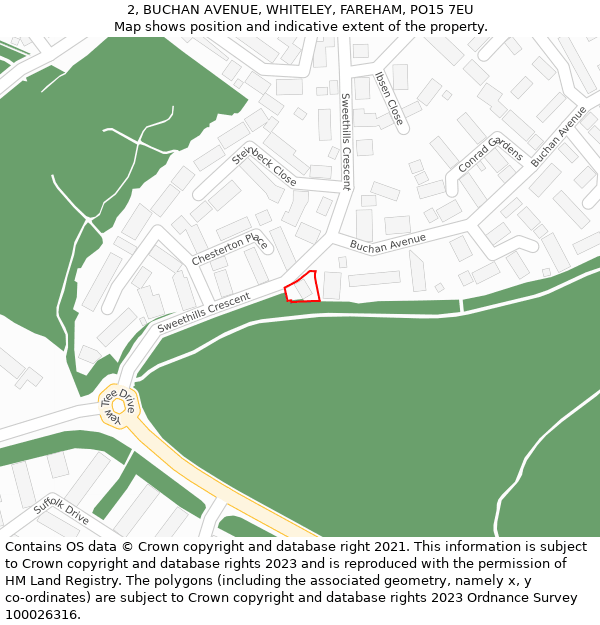 2, BUCHAN AVENUE, WHITELEY, FAREHAM, PO15 7EU: Location map and indicative extent of plot