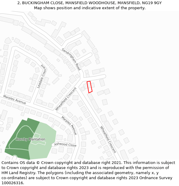 2, BUCKINGHAM CLOSE, MANSFIELD WOODHOUSE, MANSFIELD, NG19 9GY: Location map and indicative extent of plot