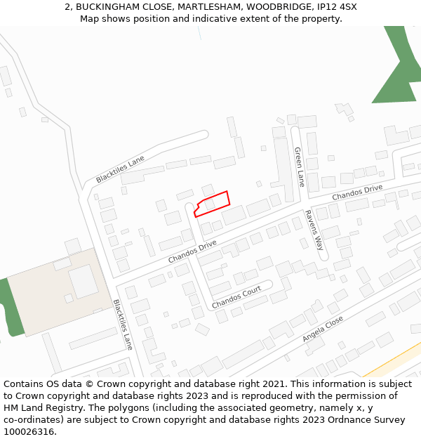 2, BUCKINGHAM CLOSE, MARTLESHAM, WOODBRIDGE, IP12 4SX: Location map and indicative extent of plot