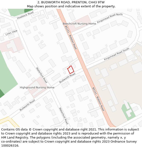 2, BUDWORTH ROAD, PRENTON, CH43 9TW: Location map and indicative extent of plot
