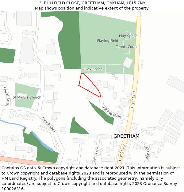 2, BULLFIELD CLOSE, GREETHAM, OAKHAM, LE15 7NY: Location map and indicative extent of plot