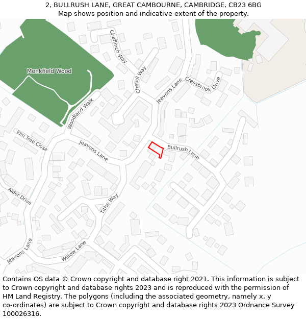 2, BULLRUSH LANE, GREAT CAMBOURNE, CAMBRIDGE, CB23 6BG: Location map and indicative extent of plot