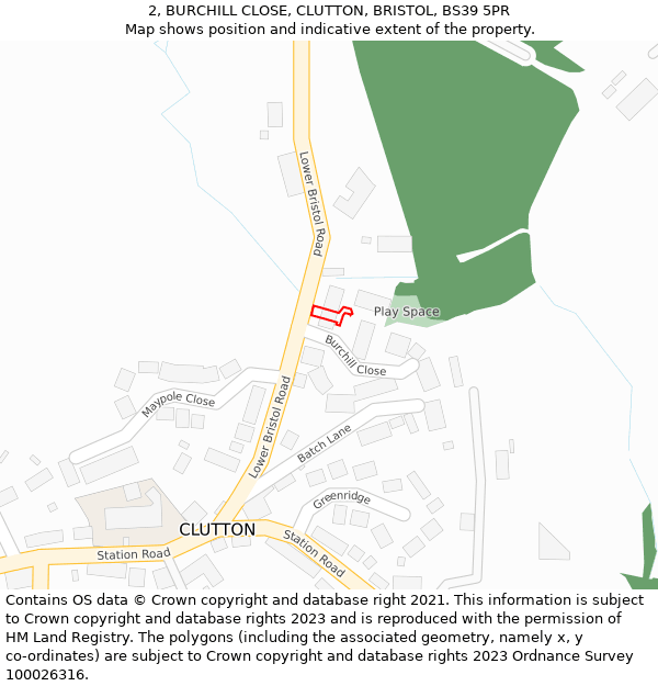 2, BURCHILL CLOSE, CLUTTON, BRISTOL, BS39 5PR: Location map and indicative extent of plot