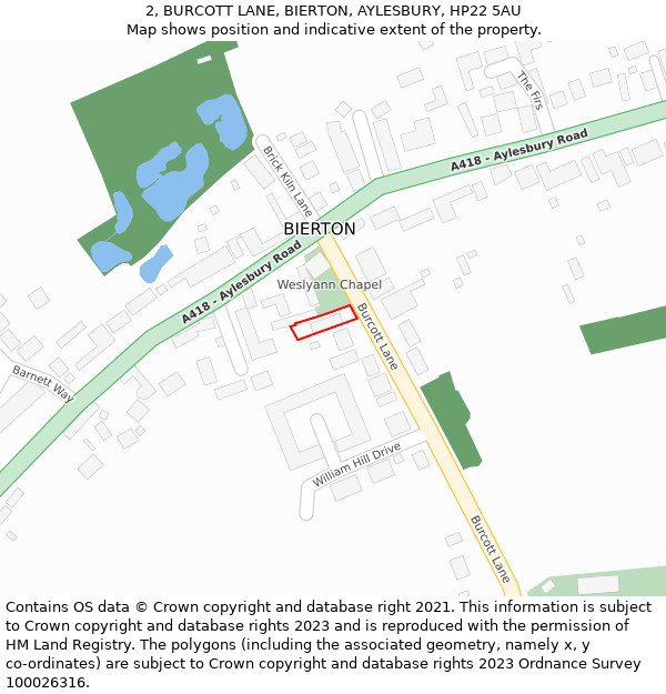 2, BURCOTT LANE, BIERTON, AYLESBURY, HP22 5AU: Location map and indicative extent of plot