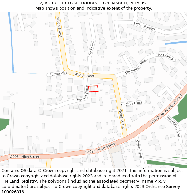 2, BURDETT CLOSE, DODDINGTON, MARCH, PE15 0SF: Location map and indicative extent of plot