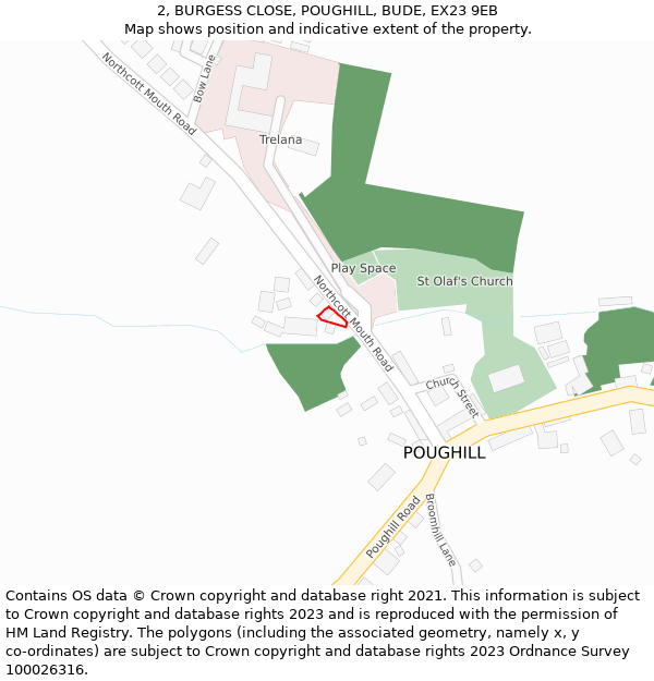 2, BURGESS CLOSE, POUGHILL, BUDE, EX23 9EB: Location map and indicative extent of plot