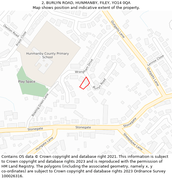 2, BURLYN ROAD, HUNMANBY, FILEY, YO14 0QA: Location map and indicative extent of plot