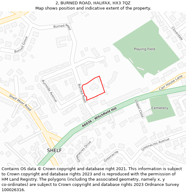 2, BURNED ROAD, HALIFAX, HX3 7QZ: Location map and indicative extent of plot