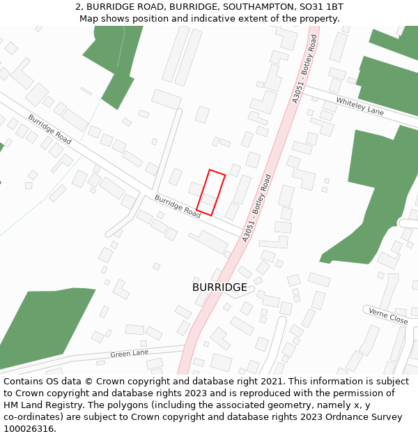 2, BURRIDGE ROAD, BURRIDGE, SOUTHAMPTON, SO31 1BT: Location map and indicative extent of plot