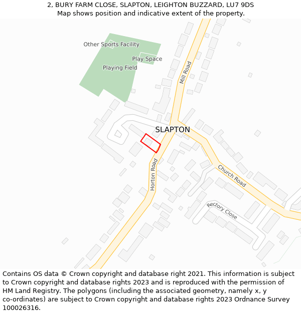 2, BURY FARM CLOSE, SLAPTON, LEIGHTON BUZZARD, LU7 9DS: Location map and indicative extent of plot