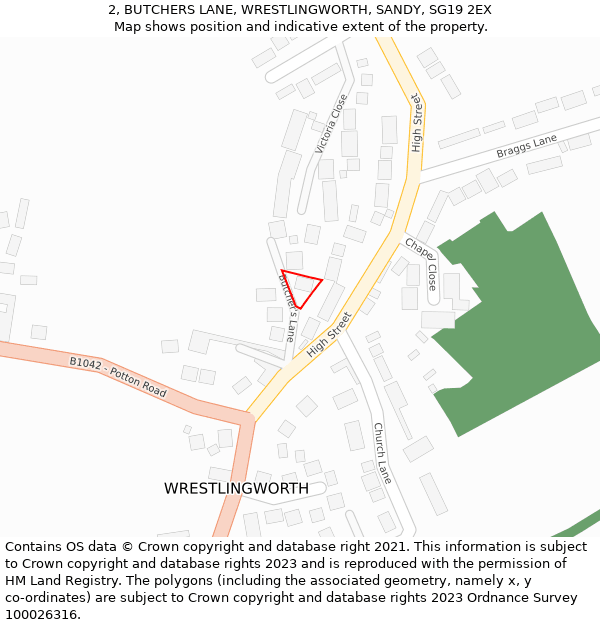 2, BUTCHERS LANE, WRESTLINGWORTH, SANDY, SG19 2EX: Location map and indicative extent of plot