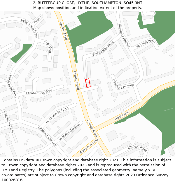 2, BUTTERCUP CLOSE, HYTHE, SOUTHAMPTON, SO45 3NT: Location map and indicative extent of plot