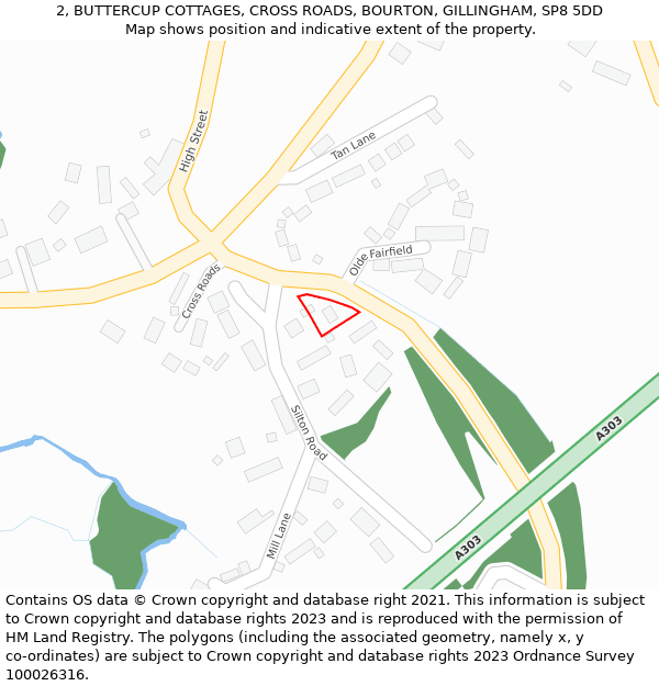 2, BUTTERCUP COTTAGES, CROSS ROADS, BOURTON, GILLINGHAM, SP8 5DD: Location map and indicative extent of plot