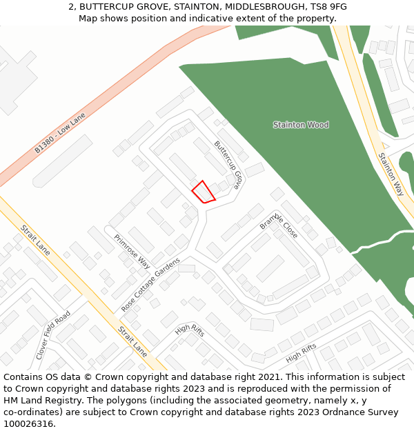 2, BUTTERCUP GROVE, STAINTON, MIDDLESBROUGH, TS8 9FG: Location map and indicative extent of plot