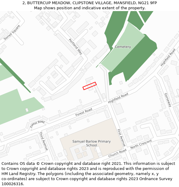 2, BUTTERCUP MEADOW, CLIPSTONE VILLAGE, MANSFIELD, NG21 9FP: Location map and indicative extent of plot