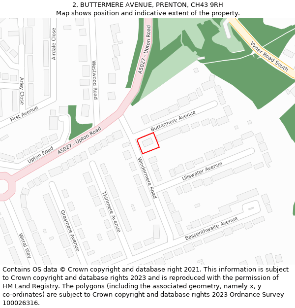 2, BUTTERMERE AVENUE, PRENTON, CH43 9RH: Location map and indicative extent of plot