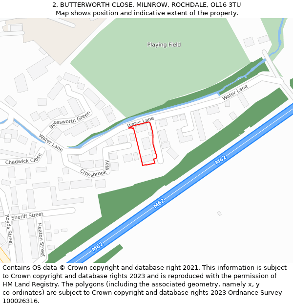 2, BUTTERWORTH CLOSE, MILNROW, ROCHDALE, OL16 3TU: Location map and indicative extent of plot