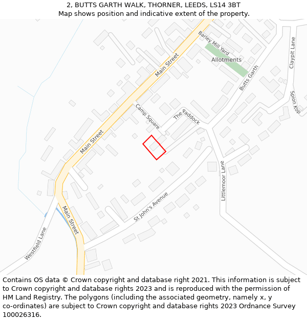 2, BUTTS GARTH WALK, THORNER, LEEDS, LS14 3BT: Location map and indicative extent of plot