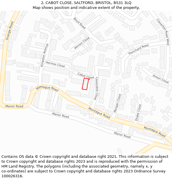 2, CABOT CLOSE, SALTFORD, BRISTOL, BS31 3LQ: Location map and indicative extent of plot