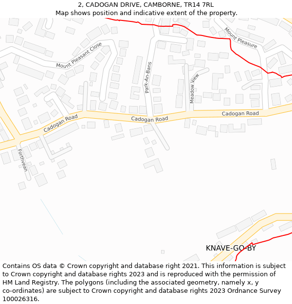 2, CADOGAN DRIVE, CAMBORNE, TR14 7RL: Location map and indicative extent of plot