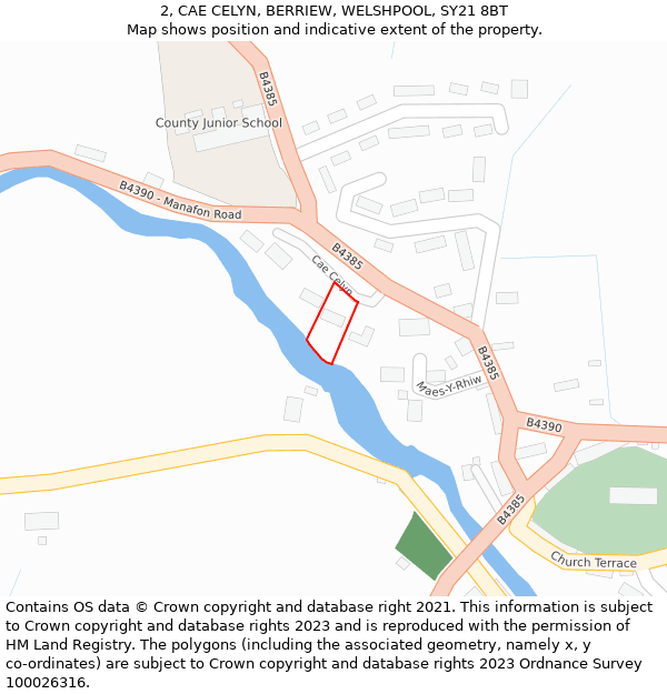 2, CAE CELYN, BERRIEW, WELSHPOOL, SY21 8BT: Location map and indicative extent of plot