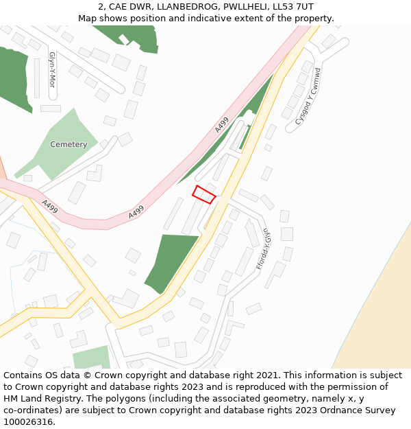 2, CAE DWR, LLANBEDROG, PWLLHELI, LL53 7UT: Location map and indicative extent of plot