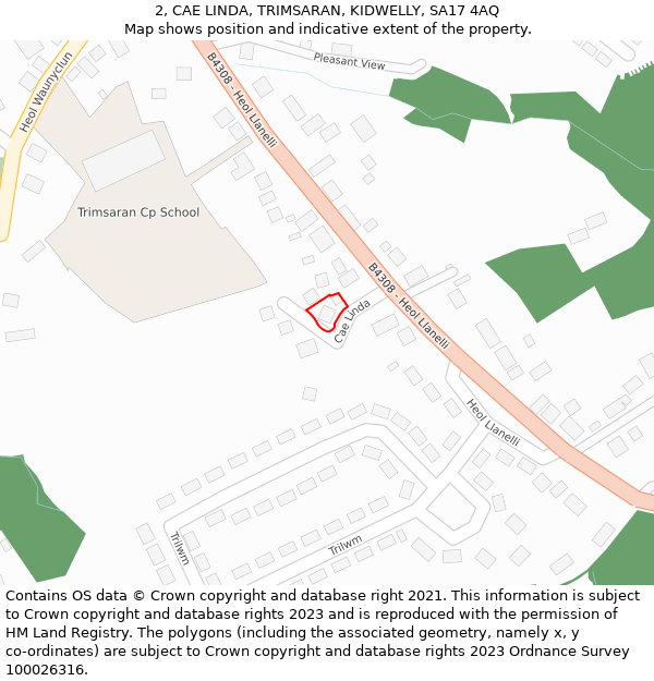 2, CAE LINDA, TRIMSARAN, KIDWELLY, SA17 4AQ: Location map and indicative extent of plot