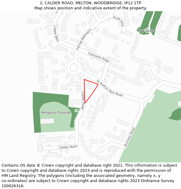 2, CALDER ROAD, MELTON, WOODBRIDGE, IP12 1TP: Location map and indicative extent of plot