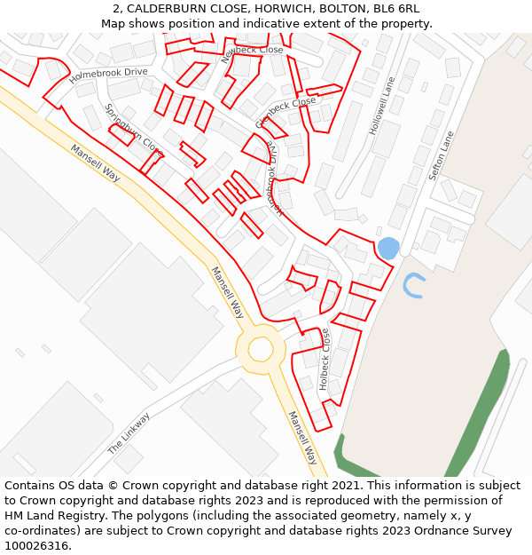 2, CALDERBURN CLOSE, HORWICH, BOLTON, BL6 6RL: Location map and indicative extent of plot