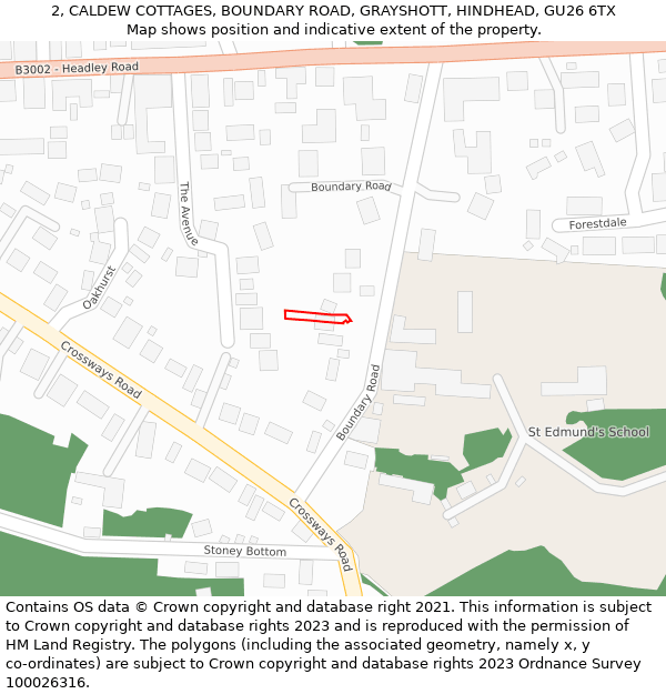 2, CALDEW COTTAGES, BOUNDARY ROAD, GRAYSHOTT, HINDHEAD, GU26 6TX: Location map and indicative extent of plot
