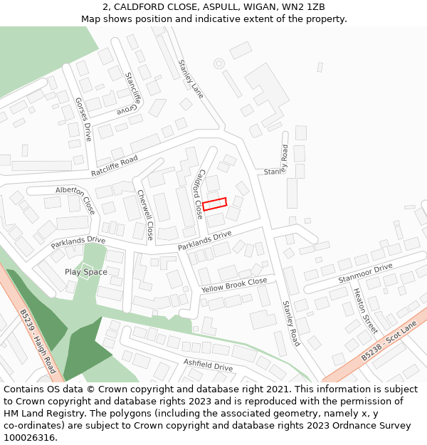 2, CALDFORD CLOSE, ASPULL, WIGAN, WN2 1ZB: Location map and indicative extent of plot