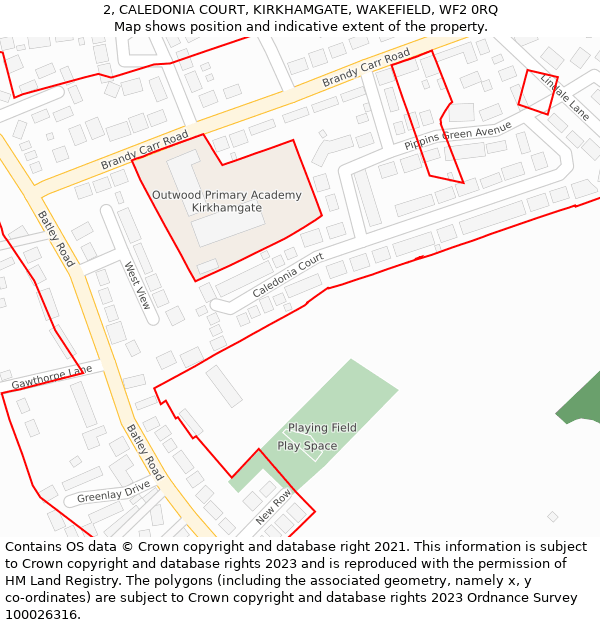 2, CALEDONIA COURT, KIRKHAMGATE, WAKEFIELD, WF2 0RQ: Location map and indicative extent of plot