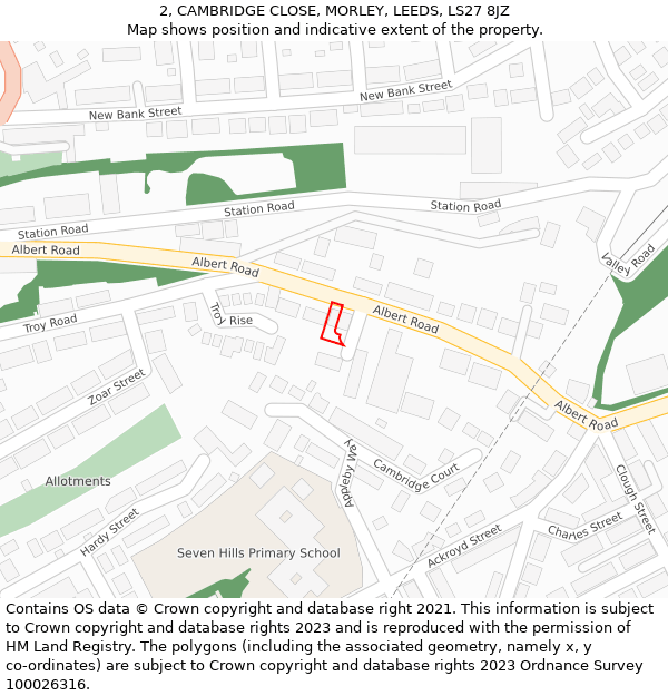 2, CAMBRIDGE CLOSE, MORLEY, LEEDS, LS27 8JZ: Location map and indicative extent of plot