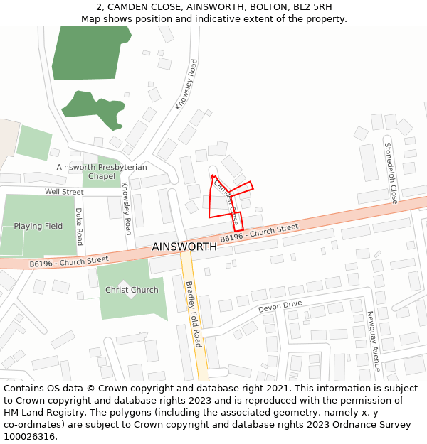 2, CAMDEN CLOSE, AINSWORTH, BOLTON, BL2 5RH: Location map and indicative extent of plot