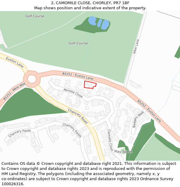 2, CAMOMILE CLOSE, CHORLEY, PR7 1BF: Location map and indicative extent of plot
