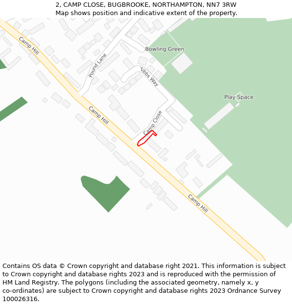 2, CAMP CLOSE, BUGBROOKE, NORTHAMPTON, NN7 3RW: Location map and indicative extent of plot