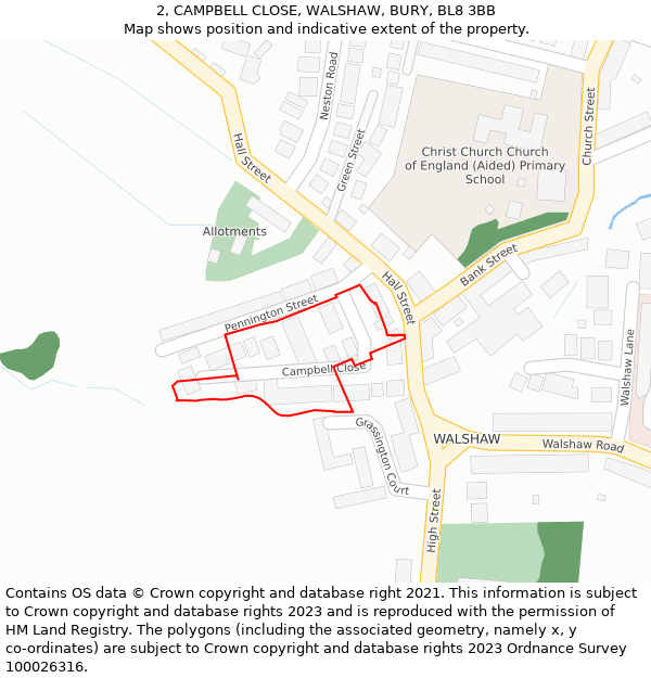 2, CAMPBELL CLOSE, WALSHAW, BURY, BL8 3BB: Location map and indicative extent of plot