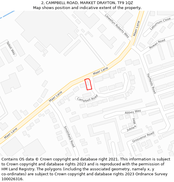 2, CAMPBELL ROAD, MARKET DRAYTON, TF9 1QZ: Location map and indicative extent of plot