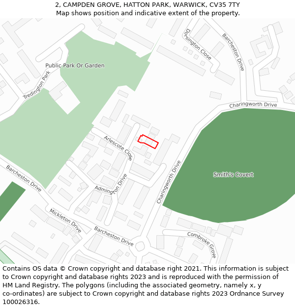 2, CAMPDEN GROVE, HATTON PARK, WARWICK, CV35 7TY: Location map and indicative extent of plot