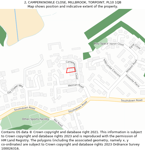 2, CAMPERKNOWLE CLOSE, MILLBROOK, TORPOINT, PL10 1QB: Location map and indicative extent of plot
