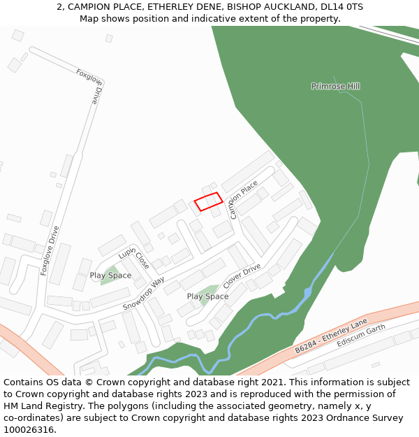 2, CAMPION PLACE, ETHERLEY DENE, BISHOP AUCKLAND, DL14 0TS: Location map and indicative extent of plot