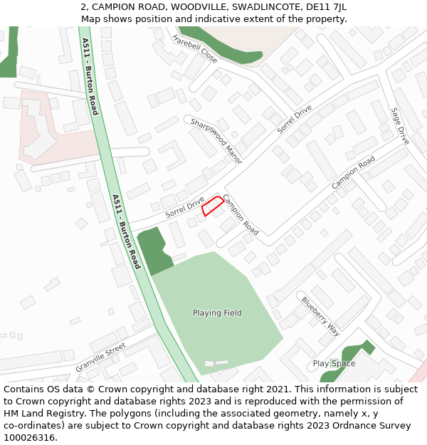 2, CAMPION ROAD, WOODVILLE, SWADLINCOTE, DE11 7JL: Location map and indicative extent of plot