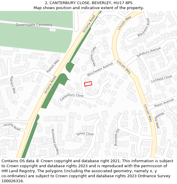 2, CANTERBURY CLOSE, BEVERLEY, HU17 8PS: Location map and indicative extent of plot