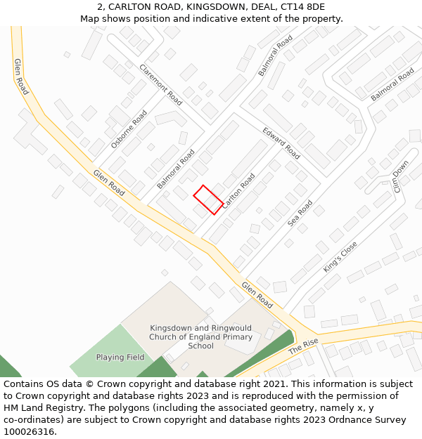 2, CARLTON ROAD, KINGSDOWN, DEAL, CT14 8DE: Location map and indicative extent of plot