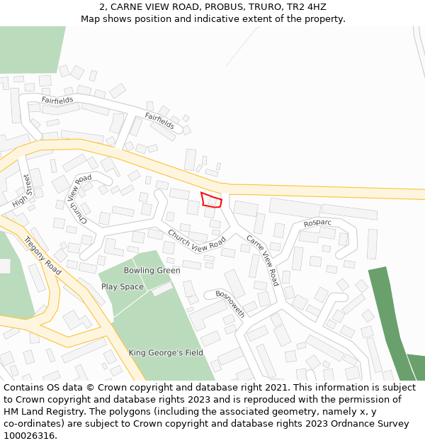 2, CARNE VIEW ROAD, PROBUS, TRURO, TR2 4HZ: Location map and indicative extent of plot